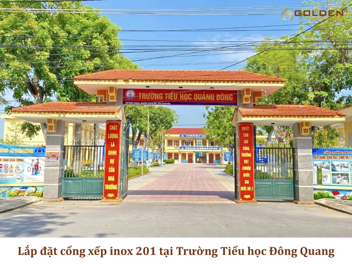 Công trình lắp đặt cổng xếp inox 201 tại Trường Tiểu học Đông Quang, Thanh Hóa