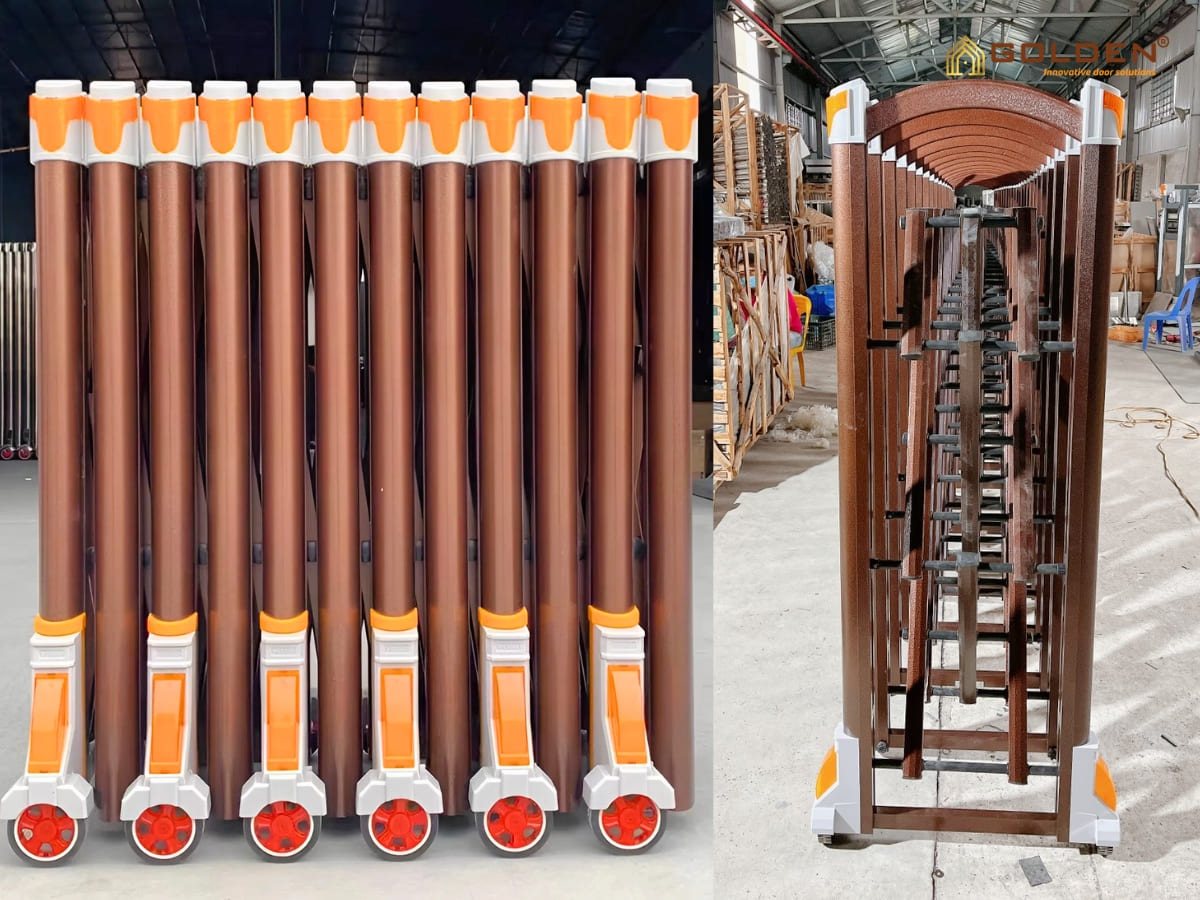 cổng xếp nhôm màu nâu đồng