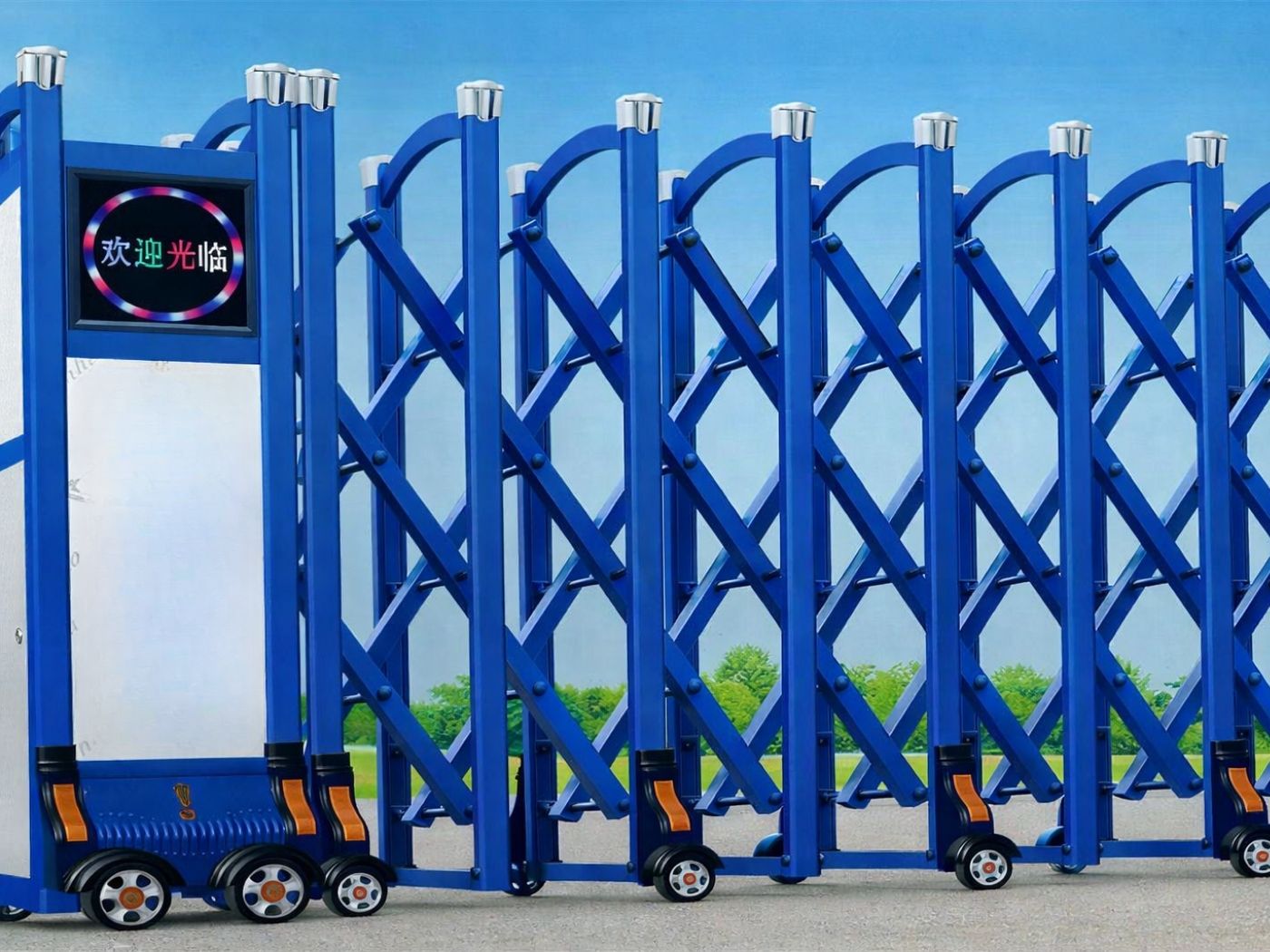 Cổng xếp nhôm GV08 màu xanh dương